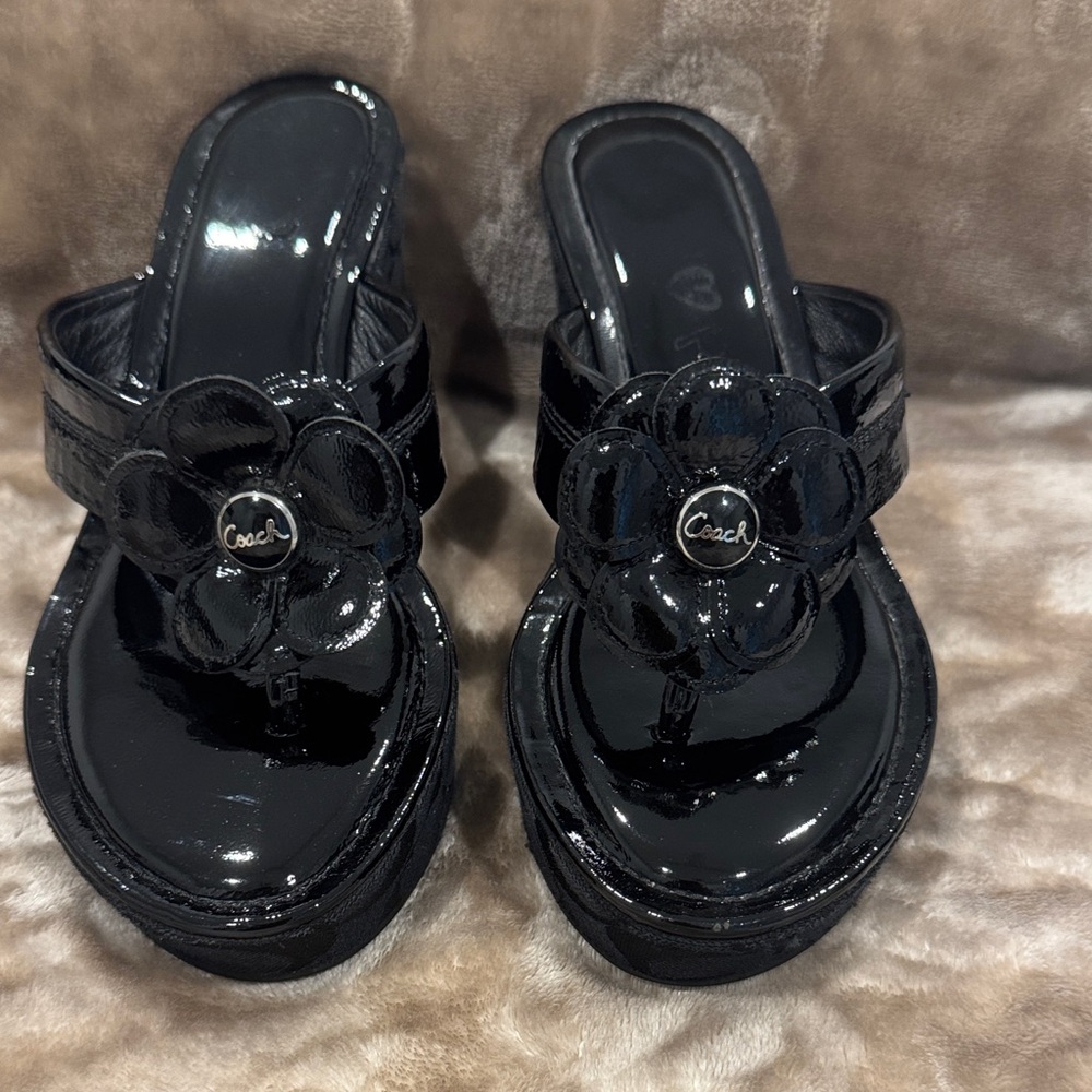 Coach Black Patent Floral Sandals